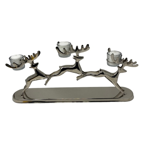 Three Leaping Reindeer and Glass Votive Candle Holder. - Picture 1 of 4